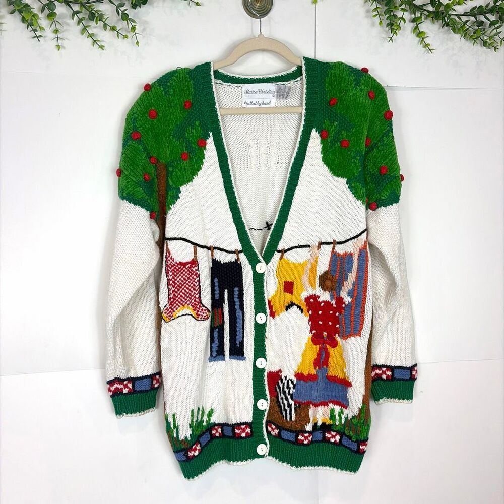 Vintage Marisa Cardigan Sweater Womens Laundry Embroidered Novelty Hand-Knitted